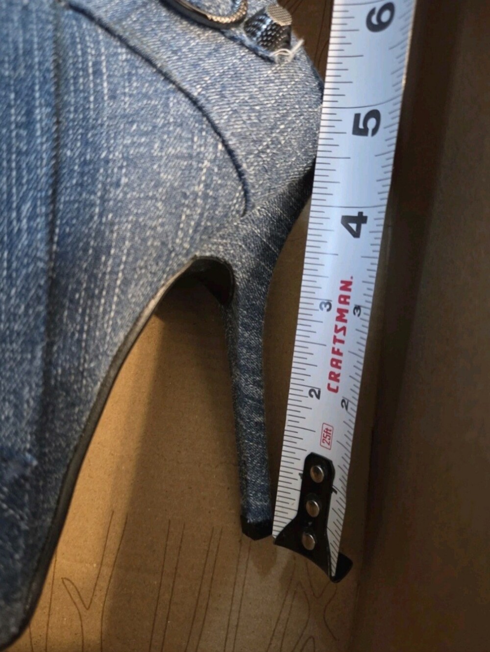 Denim Knee High Pointed Toe Stiletto Boots w Studs And Pin Buckle Strap Sz 8.5 - Picture 9 of 12